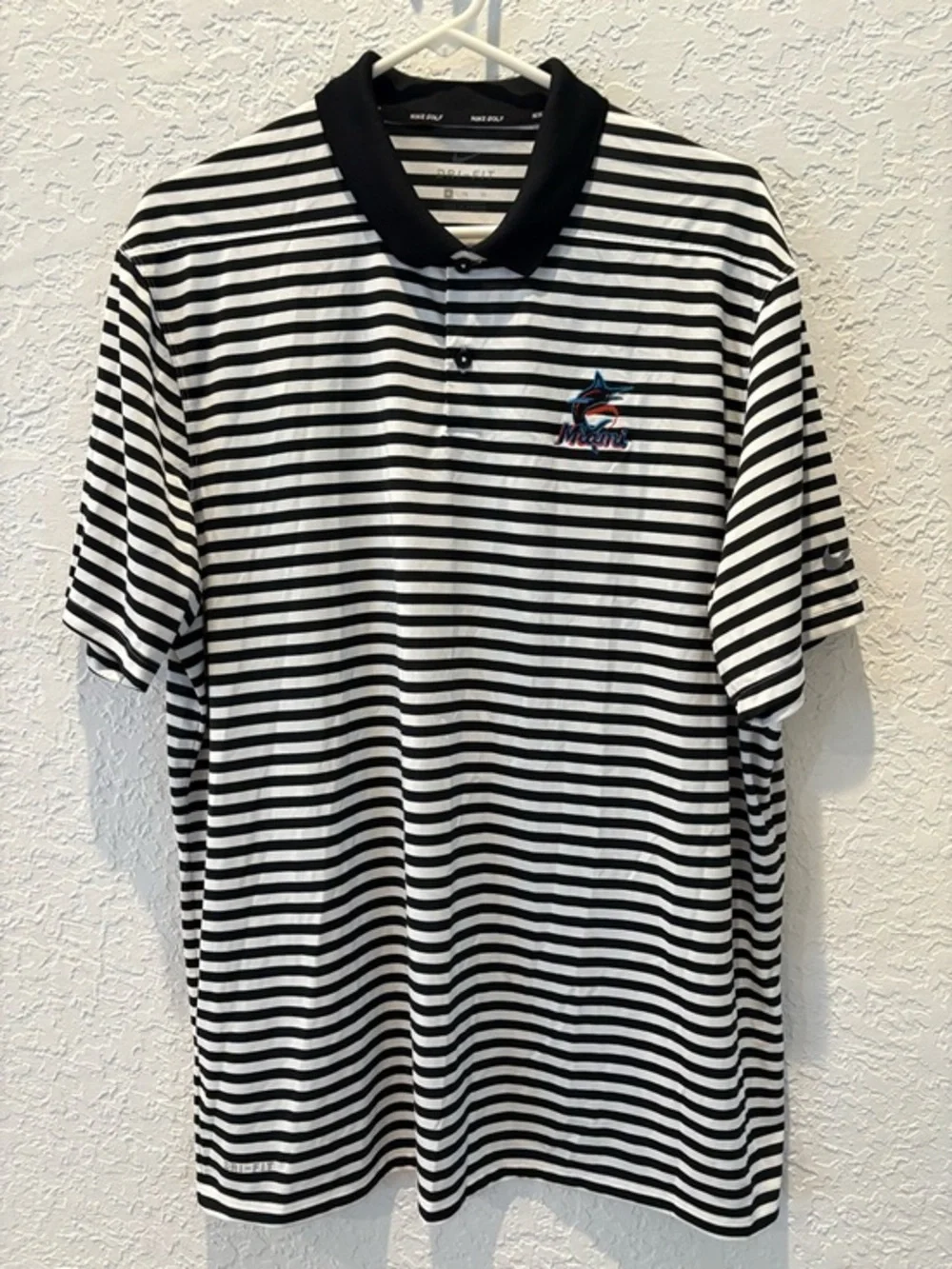 Nike Black & White Striped Polo with Embroidered Miami Marlins Logo